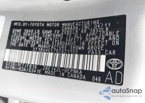 2011 Toyota Corolla Le из США, поврежденный, VIN 2T1BU4EE7BC621155